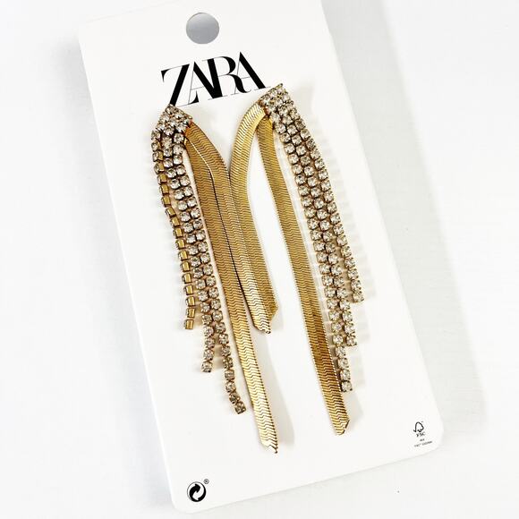NEW Zara Long Crystal & Chain Statement Drop Earrings - Picture 1 of 5